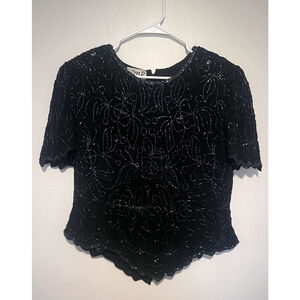 Vintage JMD New York Beaded Blouse Womens XL Black Bling Short Sleeve Party Top